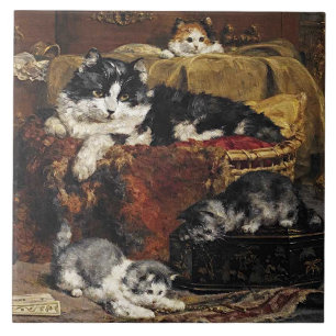 Azulejo Gato blanco y negro vintage lindo con gatitos