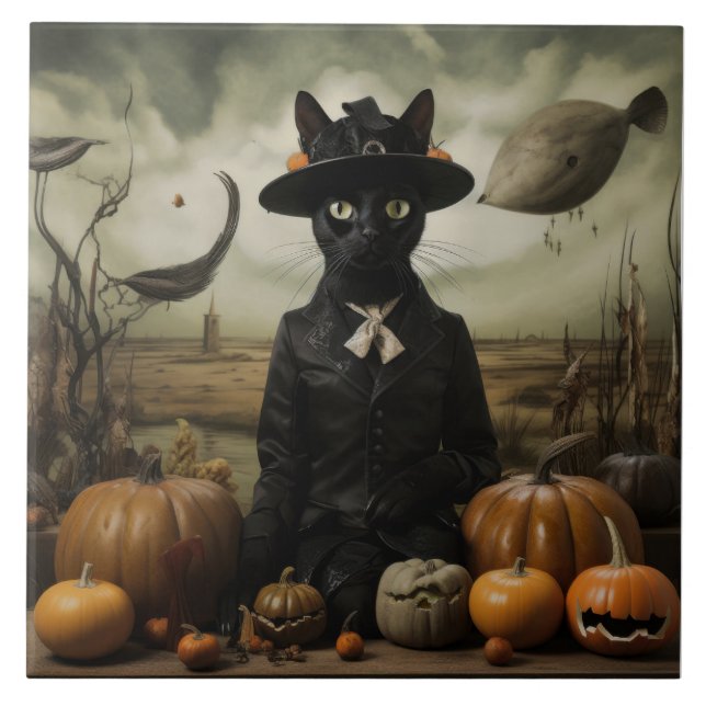 Azulejo Gato Bruja con Calabazas  (Frente)