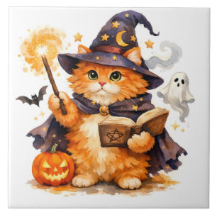 Azulejo Gato brujo de Halloween acuarela con fantasma 