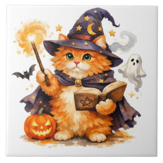 Azulejo Gato brujo de Halloween acuarela con fantasma