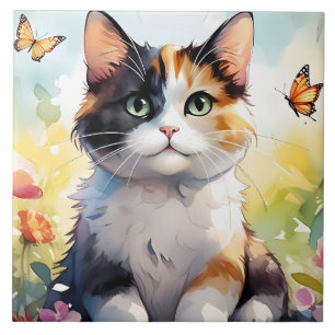 Azulejo Gato Calico en Jardín de Primavera con Mariposas 