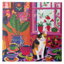 Gato calico maximalista y sala de té