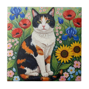 Azulejo Gato calicó y girasoles del arte popular