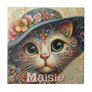 Azulejo Gato caprichoso con floral Gorra personalizado