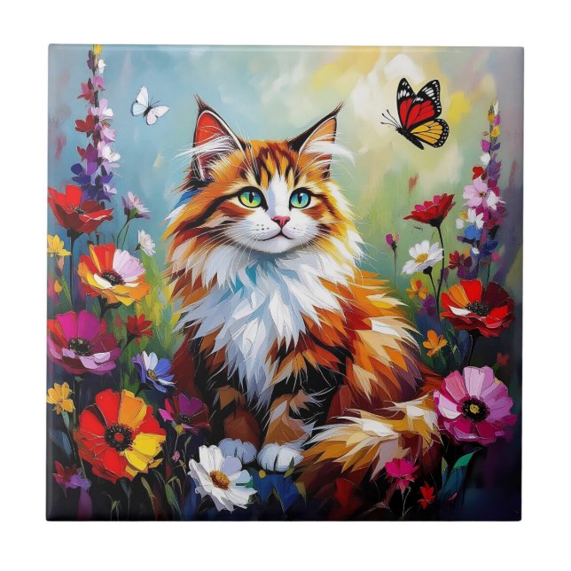 Azulejo Gato caprichoso lindo, flores y mariposas (Frente)