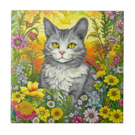 Azulejo Gato caprichoso y flores