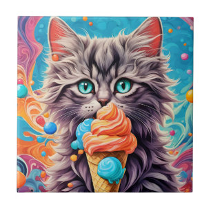 Azulejo Gato comiendo helado crema de hielo cone divertido