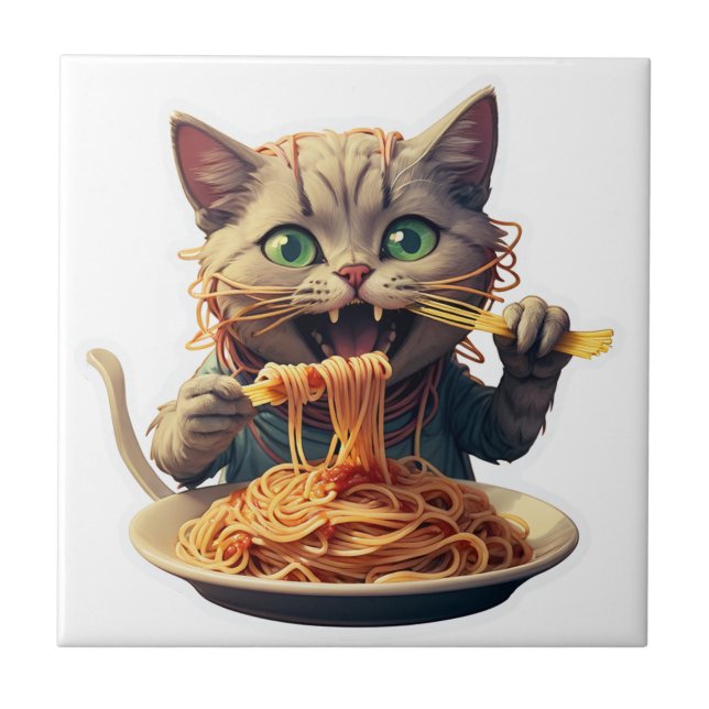 Azulejo Gato comiendo Spaghetti (Frente)