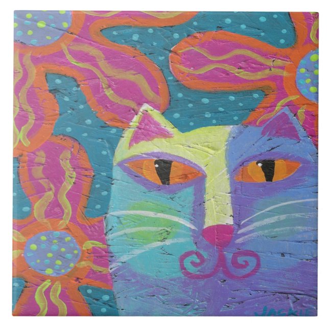 Azulejo Gato con Flores Rosas Pintura Abstracta (Frente)