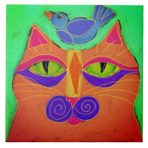 Azulejo Gato con pájaro sobre la cabeza Pintura abstracta