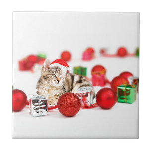 Azulejo Gato con sombrero rojo de Papá Noel Ornamento de N