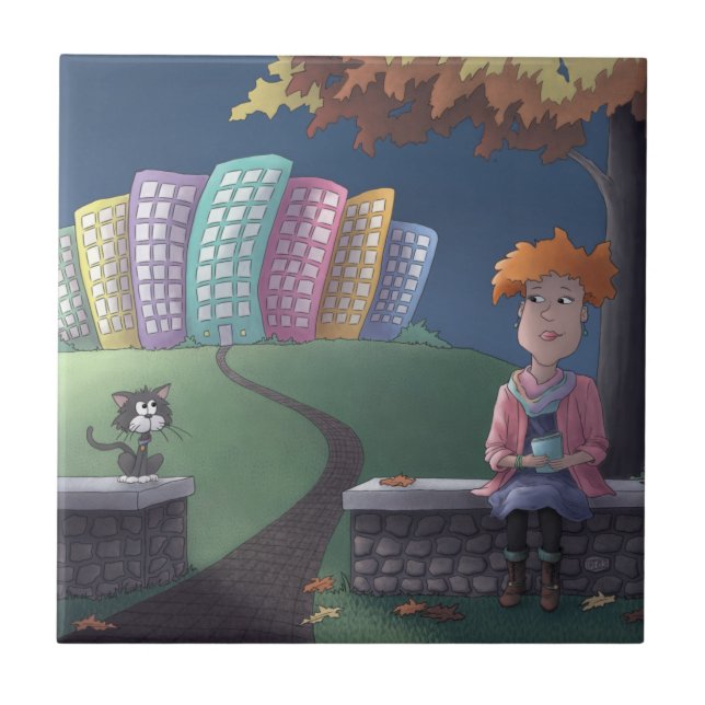 Azulejo Gato Dama en el parque Tile de cerámica (Frente)