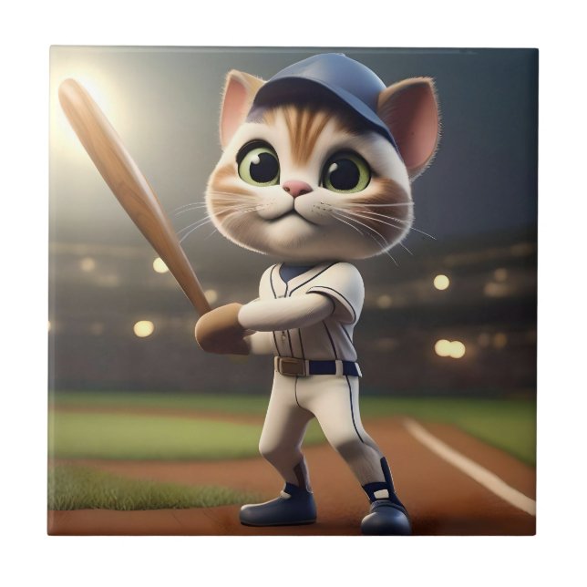 Azulejo Gato de béisbol divertido, (Frente)