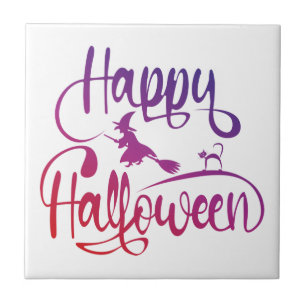 Azulejo Gato de bruja voladora feliz gradiente de Hallowee
