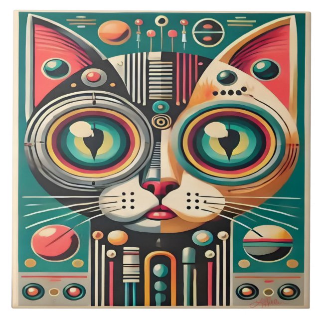 Azulejo Gato de circuito retro futurista de mediados de si (Frente)