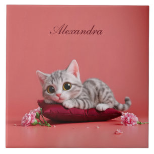 Azulejo Gato de enero lindo con claveles