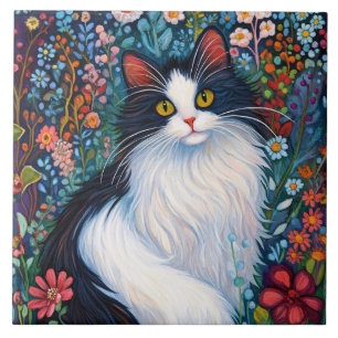 Azulejo Gato de esmoquin caprichoso con flores silvestres