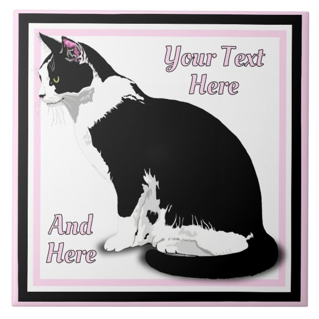 Azulejo Gato de esmoquín negro y blanco personalizado (Frente)