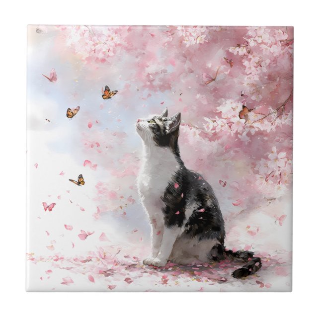 Azulejo Gato de flor de cerezo y mariposas (1) (Frente)