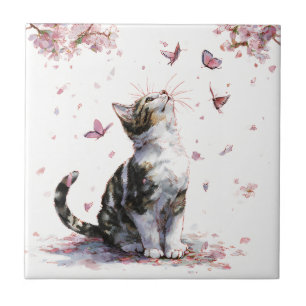 Azulejo Gato de flor de cerezo y mariposas (10)