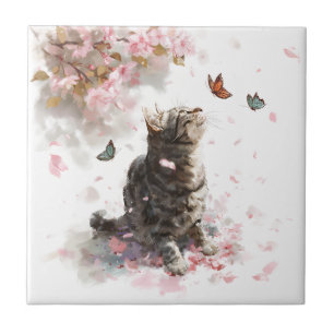 Azulejo Gato de flor de cerezo y mariposas (11)