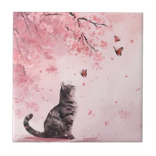 Azulejo Gato de flor de cerezo y mariposas (12)