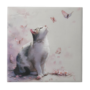 Azulejo Gato de flor de cerezo y mariposas (13)