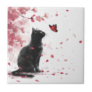 Azulejo Gato de flor de cerezo y mariposas (14)