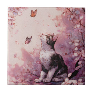 Azulejo Gato de flor de cerezo y mariposas (2)