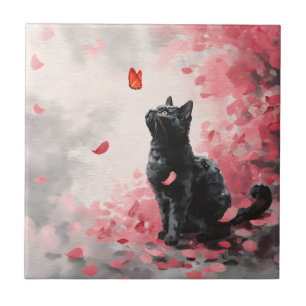 Azulejo Gato de flor de cerezo y mariposas (3)