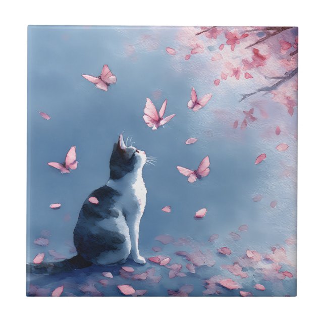 Azulejo Gato de flor de cerezo y mariposas (4) (Frente)