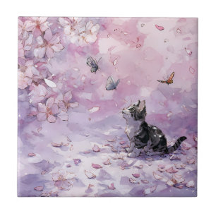 Azulejo Gato de flor de cerezo y mariposas (5)