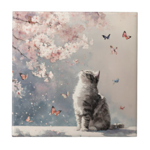 Azulejo Gato de flor de cerezo y mariposas (6)