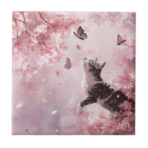 Azulejo Gato de flor de cerezo y mariposas (7)