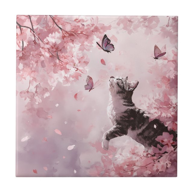 Azulejo Gato de flor de cerezo y mariposas (7) (Frente)