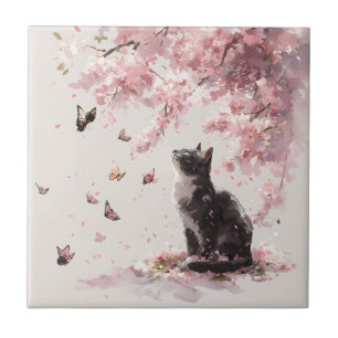 Azulejo Gato de flor de cerezo y mariposas (9)