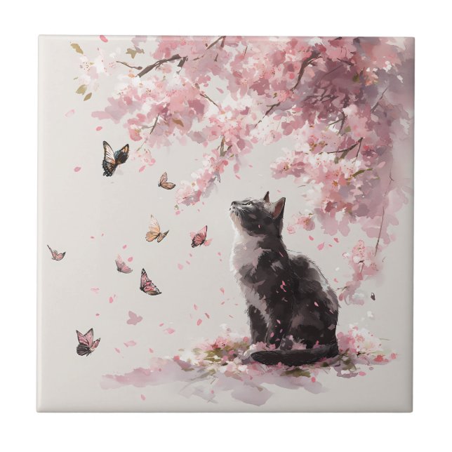 Azulejo Gato de flor de cerezo y mariposas (9) (Frente)