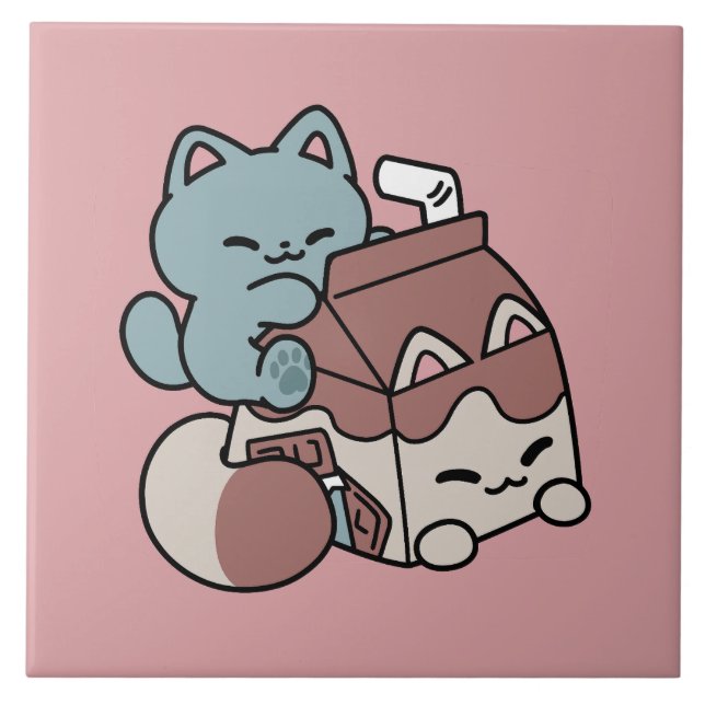 Azulejo Gato de Leche Chocolate Kawaii – Bebida Acogedora  (Frente)