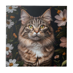Azulejo Gato de Maine Coon rodeado de flores