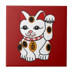 Azulejo Gato de Maneki Neko en fondo rojo