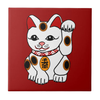 Azulejo Gato de Maneki Neko en fondo rojo