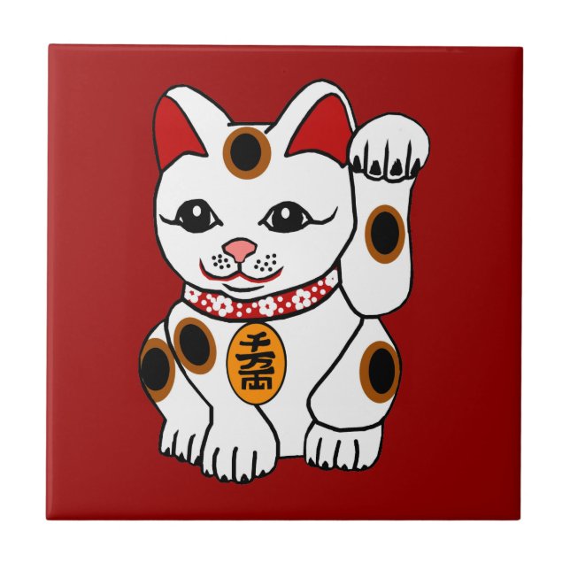 Azulejo Gato de Maneki Neko en fondo rojo (Frente)