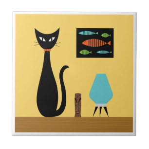 Azulejo Gato de mediados de siglo con peces retro en amari