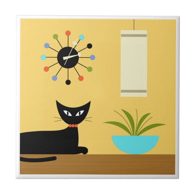 Azulejo Gato de mediados de siglo con reloj de bola en ama (Frente)