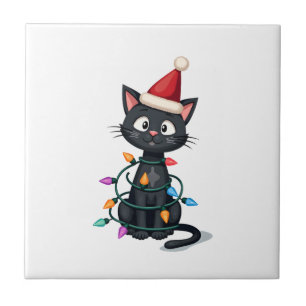 Azulejo Gato de Navidad Esmoquin gato negro luces de Navid