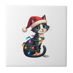 Azulejo Gato de Navidad Esmoquin gato negro luces de navid