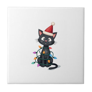 Azulejo Gato de Navidad Esmoquin gato negro luces de Navid