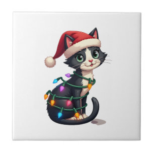 Azulejo Gato de Navidad Esmoquin gato negro luces de Navid