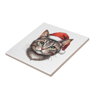 Azulejo Gato de Navidad lindo con sombrero de Santa