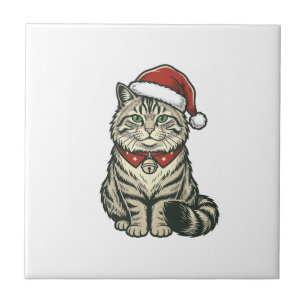 Azulejo Gato de Navidad Sombrero de Santa Diseño de Grabad